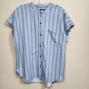 Lands' End button front sewn cuffs short sleeve patterned shirt woman's size L